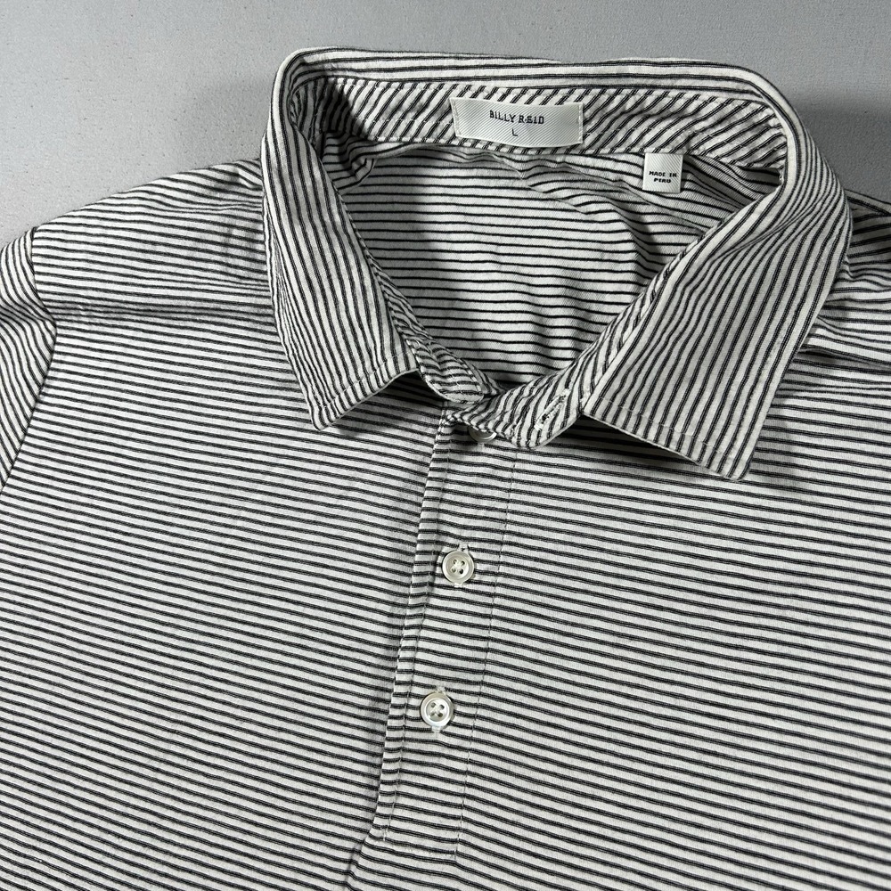 Billy Reid Mens Polo Shirt Large Striped Pensacola Organic Cotton White Black L